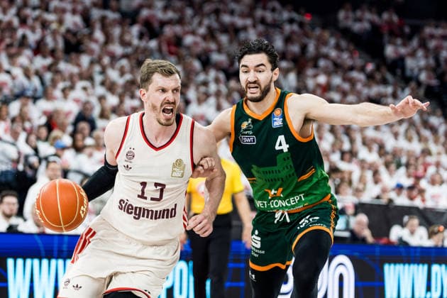 MUNICH, GERMANY - MAY 17: Andreas Andi Obst (FC Bayern Muenchen, 13) controls the ball against Clay Guillozet (Vet-Concept Gladiators Trier, 4) during the easyCredit Basketball Bundesliga Playoffs Quarterfinal Game 1 between FC Bayern Muenchen vs. Vet-Concept Gladiators Trier at SAP Garden on match 1 of the Playoffs Quarterfinals Best of Five of easyCredit Basketball Bundesliga on May 17, 2026 in Munich, Germany. Bavaria Germany Copyright: xSteffiexWunderlx