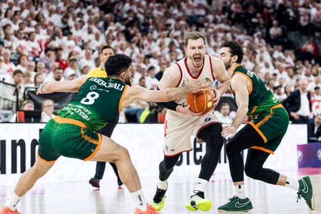MUNICH, GERMANY - MAY 17: Andreas Andi Obst (FC Bayern Muenchen, 13) controls the ball against Behnam Yakhchali (Vet-Concept Gladiators Trier, 8) and Clay Guillozet (Vet-Concept Gladiators Trier, 4) during the easyCredit Basketball Bundesliga Playoffs Quarterfinal Game 1 between FC Bayern Muenchen vs. Vet-Concept Gladiators Trier at SAP Garden on match 1 of the Playoffs Quarterfinals Best of Five of easyCredit Basketball Bundesliga on May 17, 2026 in Munich, Germany. Bavaria Germany Copyright: xSteffiexWunderlx