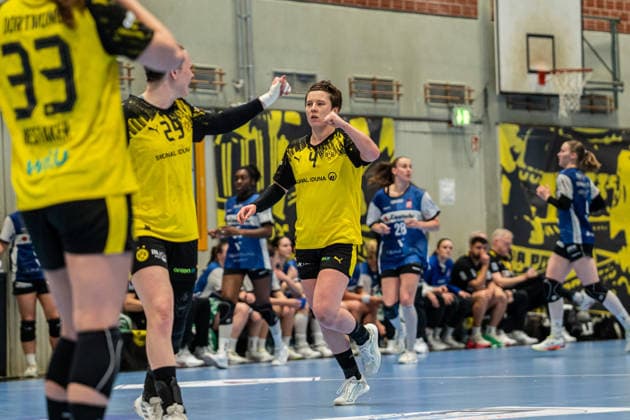 HSG Blomberg Lippe GER vs Borussia Dortmund GER Handball, 1 Handball Bundesliga Women, Final, Match 1, 17 5 2026, Season 2025 2026, Dortmund Alina Grijseels Borussia Dortmund, 04 cheers after a goal Dortmund Sporthalle Wellinghofen Germany