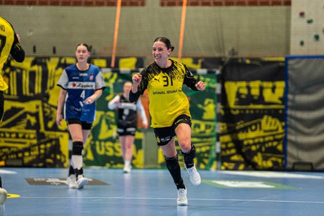HSG Blomberg Lippe GER vs Borussia Dortmund GER Handball, 1 Handball Bundesliga Women, Final, Match 1, 17 5 2026, Season 2025 2026, Dortmund Kelly Vollebregt Borussia Dortmund, 31 cheers after a goal Dortmund Sporthalle Wellinghofen Germany