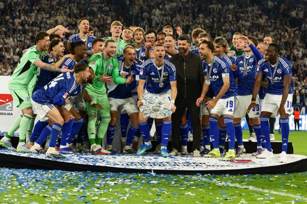 Gelsenkirchen, Germany, 17 05 26, Cheers from Schalke players during the Bundesliga 2 match between FC Schalke 04 Eintracht Braunschweig at the Veltins Arena in Gelsenkirchen Photo by Joachim Bywaletz DFB DFL REGULATIONS PROHIBIT ANY USE OF PHOTOGRAPHS AS IMAGE SEQUENCES AND OR QUASI VIDEO Copyright: JoachimxBywaletz xJB-Sportfoto