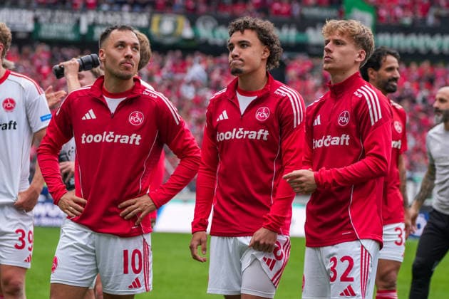 Germany Soccer 2 Bundesliga, Season 2025 26, Matchday 34, Hannover 96 vs 1 FC Nürnberg, 17 05 2026, Heinz von Heiden Arena Hannover, Lower Saxony Julian Justvan 1 FC Nürnberg, 10 Rafael Lubach 1 FC Nürnberg, 18 Tim Janisch 1 FC Nürnberg, 32 Copyright: xLeonxFrickx