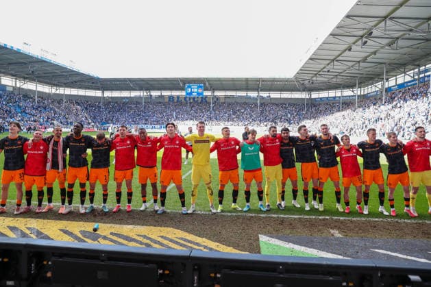 17 05 2026, xgox, Soccer 2 Bundesliga 1 FC Magdeburg 1 FC Kaiserslautern emspor, v l Kaiserslautern jubilation over the victory, jubilation after the end of the match DFL DFB REGULATIONS PROHIBIT ANY USE OF PHOTOGRAPHS as IMAGE SEQUENCES and or QUASI VIDEO Magdeburg