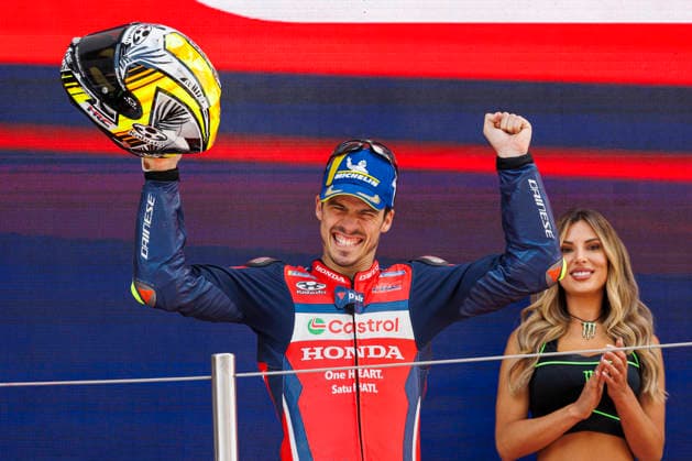 RECORD DATE NOT STATED 17th May 2026; Circuit de Barcelona, Barcelona, Catalonia, Spain; 2026 MotoGP of Catalunya Race Day; podium ceremony, Joan Mir of the Honda Hrc Castrol team celebrates his 2nd place finish PabloxGuillen