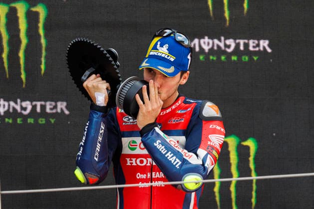 RECORD DATE NOT STATED 17th May 2026; Circuit de Barcelona, Barcelona, Catalonia, Spain; 2026 MotoGP of Catalunya Race Day; podium ceremony, Joan Mir of the Honda Hrc Castrol team celebrates his 2nd place finish PabloxGuillen