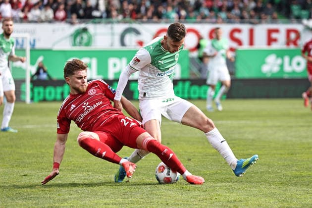 Tim Rossmann, Fortuna, and Branimir Hrgota, Fürth, in the second round match of the 2025 2026 season between SpVgg Greuther Fürth and Fortuna Düsseldorf 3 0 in Fürth 17 05 2026