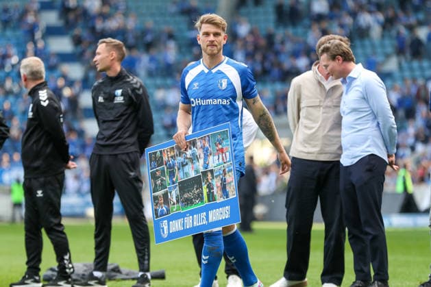 17 05 2026, xgox, football 2 Bundesliga 1 FC Magdeburg 1 FC Kaiserslautern emspor, v l Marcus Mathisen Magdeburg, 16 leaves the club, farewell, farewell DFL DFB REGULATIONS PROHIBIT ANY USE OF PHOTOGRAPHS as IMAGE SEQUENCES and or QUASI VIDEO Magdeburg