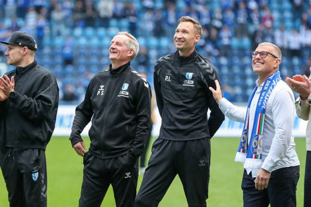 17 05 2026, xgox, Soccer 2 Bundesliga 1 FC Magdeburg 1 FC Kaiserslautern emspor, v l Petrik Sander Magdeburg, coach and Pascal Ibold Magdeburg, coach DFL DFB REGULATIONS PROHIBIT ANY USE OF PHOTOGRAPHS as IMAGE SEQUENCES and or QUASI VIDEO Magdeburg