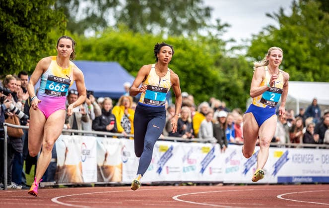 35 International Runners Meeting Pliezhausen, 17 05 2026 On the way in the womens 150m sprint from left Rosina Schneider GER TV Sulz , Malaika Mihambo GER LG Kurpfalz and Sina Mayer GER LAZ Zweibrücken 35 International Runners Meeting on 17 05 2026 in the Schönbuchstadion in Pliezhausen Baden Württemberg Copyright: xBEAUTIFULxSPORTS R.xSchmittx