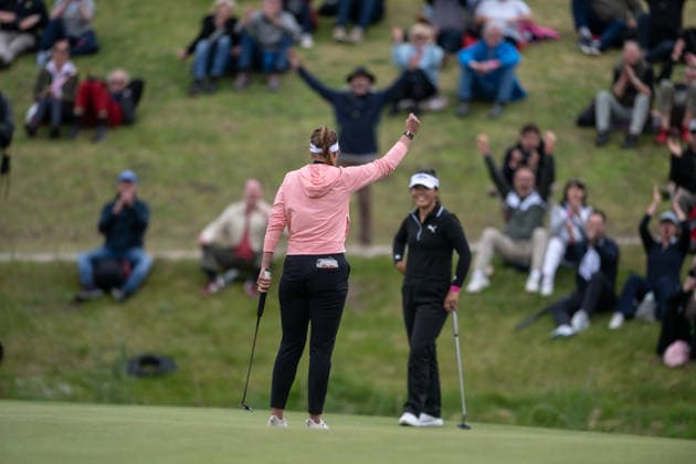 HAMBURG, GERMANY - MAY 17: Leonie Harm of Germany celebrates her winning shot on the 18th green during the final round of the Amundi German Masters at Green Eagle Golf Courses on May 17, 2026 in Hamburg, Germany. Credit: Andy Astfalck NurPhoto Germany Copyright: xAndyxAstfalckx