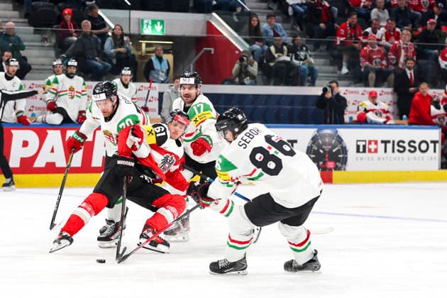 Ice hockey, Eishockey - IIHF WC 2026 ZURICH,SWITZERLAND,17.MAY.26 - ICE HOCKEY - IIHF Ice Hockey World Championship, WM, Weltmeisterschaft 2026, group stage, Austria vs Hungary. Image shows Simeon Schwinger (AUT) and Balazs Sebok (HUN).  GEPAxpictures xMaticxKlansek