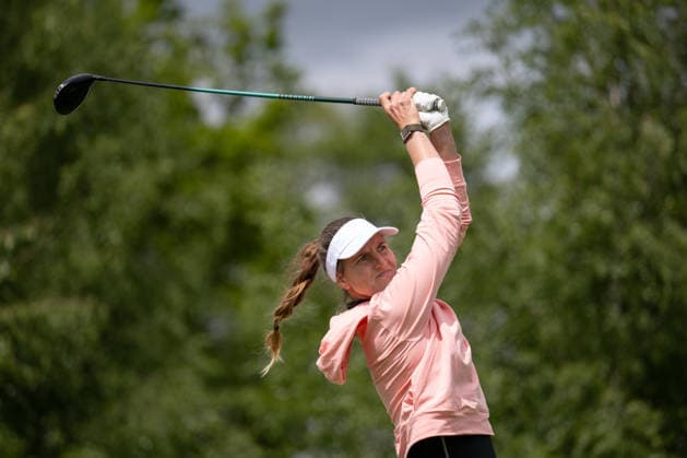 HAMBURG, GERMANY - MAY 17: Leonie Harm of Germany tees off on the 11th hole during the final round of the Amundi German Masters at Green Eagle Golf Courses on May 17, 2026 in Hamburg, Germany. Credit: Andy Astfalck NurPhoto Germany Copyright: xAndyxAstfalckx