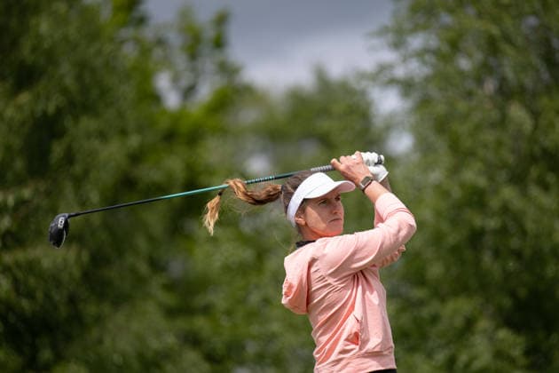 HAMBURG, GERMANY - MAY 17: Leonie Harm of Germany tees off on the 11th hole during the final round of the Amundi German Masters at Green Eagle Golf Courses on May 17, 2026 in Hamburg, Germany. Credit: Andy Astfalck NurPhoto Germany Copyright: xAndyxAstfalckx