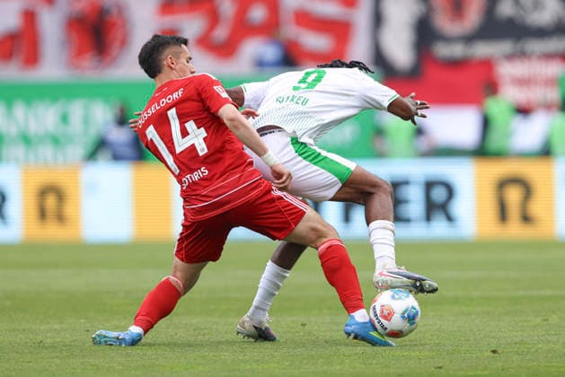Sotiris Alexandropoulos Fortuna Düsseldorf and Noel Futkeu SpVgg Greuther Fürth in a duel during the 2 Bundesliga match between SpVgg Greuther Fürth and Fortuna Düsseldorf, Sportpark Ronhof Thomas Sommer on May 17, 2026 in Fürth, Germany Photo by Oliver Kaelke DeFodi Images Sotiris Alexandropoulos Fortuna Düsseldorf and Noel Futkeu SpVgg Greuther Fürth battle for the ball during the 2 Bundesliga match between SpVgg Greuther Fürth and Fortuna Düsseldorf at Sportpark Ronhof Thomas Sommer on May 17, 2026 in Fürth, Germany Photo by Oliver Kaelke DeFodi Images Photo by Oliver Kaelke DeFodi Images