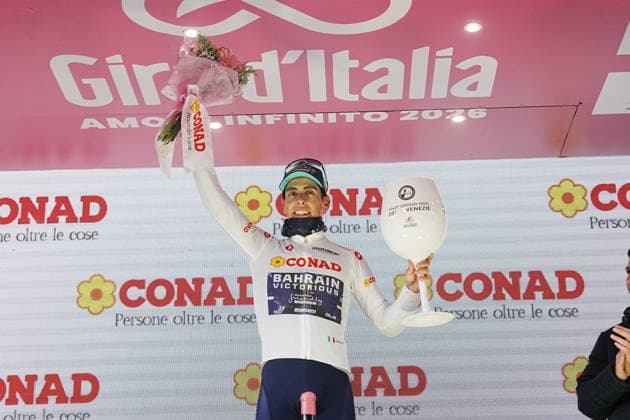 Portugal™s Afonso Oliveira Eulalio of Bahrain Victorious pink jersey during Stage 9 of the Giro d™Italia from Cervia to Corno alle Scale, Italy, Sunday May 17, 2026.  Copyright: xGianmattiaxD Albertoi LaPressex