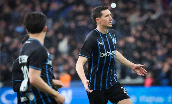 Club s Hans Vanaken celebrates after scoring during a game between Belgian soccer team Club Brugge KV and Royale Union Saint-Gilloise, Sunday 17 May 2026 in Brugge, on day 8 of the Champion s Play-Off (PO 1) competition of the Jupiler Pro League. VIRGINIExLEFOUR x174184062x