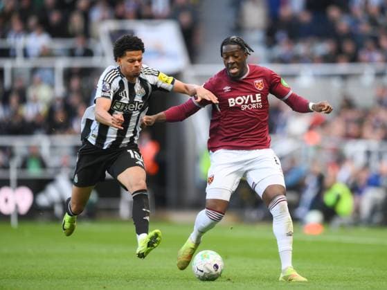 Axel Disasi of West Ham United fends off William Osula of Newcastle United Newcastle United v West Ham United, Premier League, Football, St James Park, Newcastle, UK - 17 May 2026Newcastle St James Park United Kingdom EDITORIAL USE ONLY No use with unauthorised audio, video, data, fixture lists, club league logos or live services. Online in-match use limited to 120 images, no video emulation. No use in betting, games or single club league player publications. Copyright: xRichardxLee Shutterstockx 16877466aw