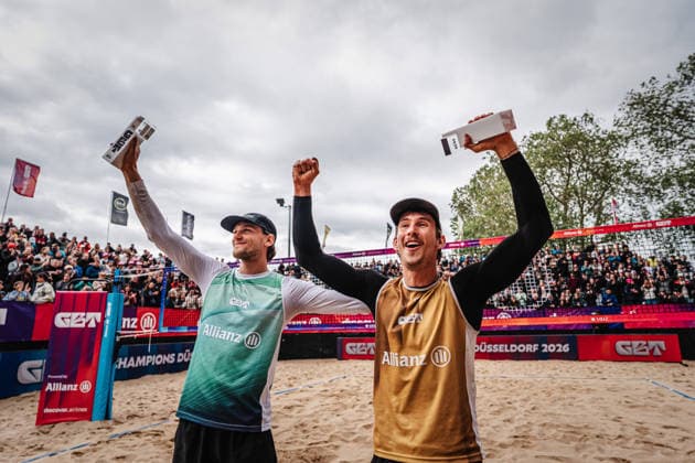 Beach volleyball men Allianz German Beach Tour 2026 Tourstop Düsseldorf 17 05 2026 f l Paul Henning and Lukas Pfretzschner win the tournament in Düsseldorf Düsseldorf Robert Lehr Ufer North Rhine-Westphalia Germany