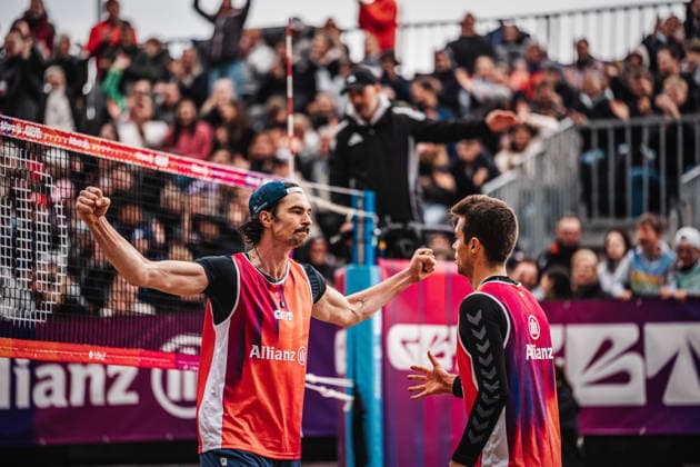 Beach volleyball men Allianz German Beach Tour 2026 Tourstop Düsseldorf 17 05 2026 f l Jannik Kühlborn and Yannick Bibelriether Düsseldorf Robert Lehr Ufer Nordrhein Westfalen Germany