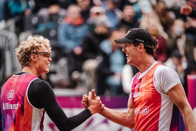Beach volleyball men Allianz German Beach Tour 2026 Tourstop Düsseldorf 17 05 2026 f l Tamo Wüst and Tristan Fröbel Düsseldorf Robert Lehr Ufer North Rhine-Westphalia Germany