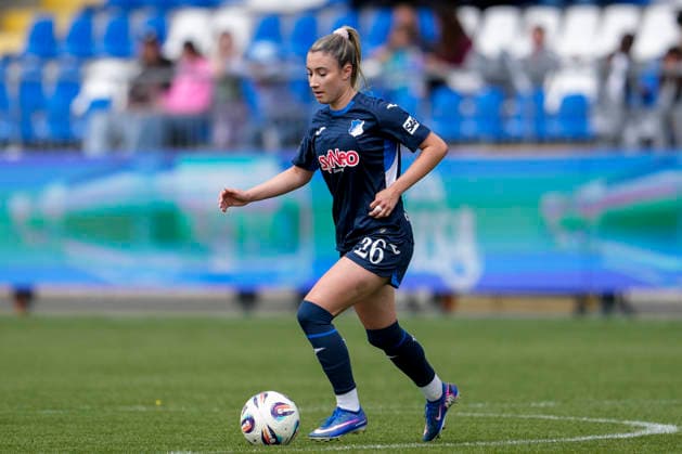 Janna Grimm TSG, 26 , on the ball, cropped, full body, single image, single photo, action, action, 17 05 2026, Sinsheim Hoffenheim Germany , Soccer, Google Pixel Women Bundesliga, TSG 1899 Hoffenheim RB Leipzig, DFB DFL REGULATIONS PROHIBIT ANY USE OF PHOTOGRAPHS AS IMAGE SEQUENCES AND OR QUASI VIDEO xozx