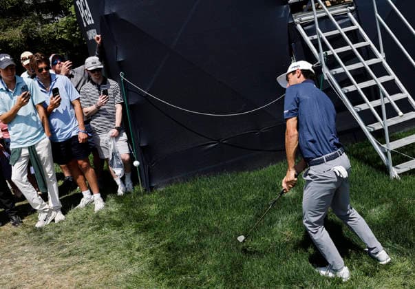 Joaquin Niemann of Chile chips out of the rough to the 3rd tee during the final round of the 2026 PGA, Golf Herren Championship at Aronimink Golf Club in Newtown Square, Pennsylvania, on Sunday, May 17, 2026.  PHI20260517837 LAURENCExKESTERSON