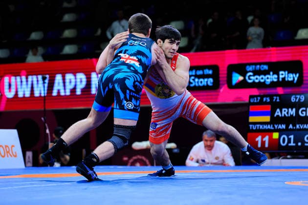 U17 Wrestling European Championships 71kg FS Avetik Tutkhalyan ARM df Bohdan Kvantaliani GEO Copyright: xKostadinxAndonov xUnitedxWorldxWrestlingx Kostadin Andonov United World Wrestling