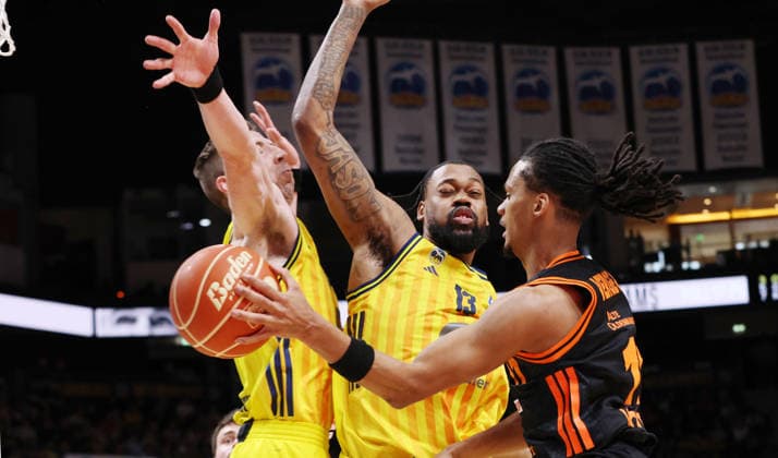 Justin Bean, J Wan Roberts, Alonzo Verge on the ball duel game scene Action Sport Basketball BBL Bundesliga Mens Play Off Quarter Final Season 2025 2026 17 05 2026 ALBA Berlin vs SC Rasta Vechta