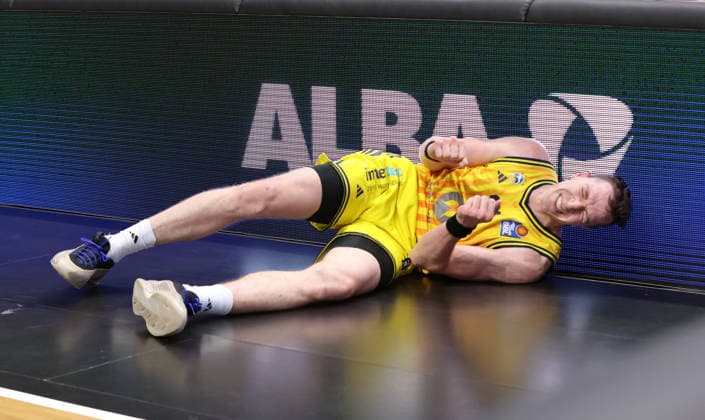 Justin Bean on the ground after a duel Game scene Action Sport Basketball BBL Bundesliga Mens Play Off Quarter-final Season 2025 2026 17 05 2026 ALBA Berlin vs SC Rasta Vechta