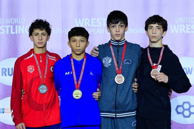 U17 Wrestling European Championships Podium 51kg FS Gold Ibrahim Hasanov AZE , Silver Muhammed Golha TUR , Bronze Khalid Songurbekov RUS , Giorgi Narimanidze GEO Samokov Arena Samokov Bulgaria Copyright: xKostadinxAndonov xUnitedxWorldxWrestlingx Kostadin Andonov United World Wrestling