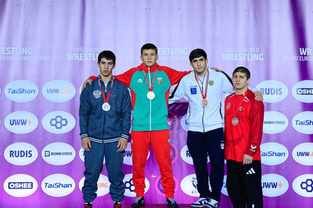 U17 Wrestling European Championships Podium 71kg FS Gold Nikolay Stoykov Iliev BUL , Silver Artem Ananian RUS , Bronze Cemal Yigit Purcu TUR , Avetik Tutkhalyan ARM Copyright: xKostadinxAndonov xUnitedxWorldxWrestlingx Kostadin Andonov United World Wrestling