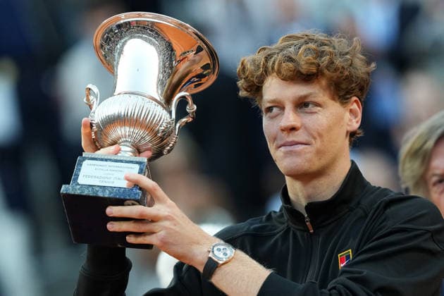 Jannik Sinner of Italy lifts the tropy as he celebrates the victory of the Internazionali BNL d Italia 2026 tennis tournament at Foro Italico in Rome (Italy) on May, 17, 2026. AntoniettaxBaldassarre