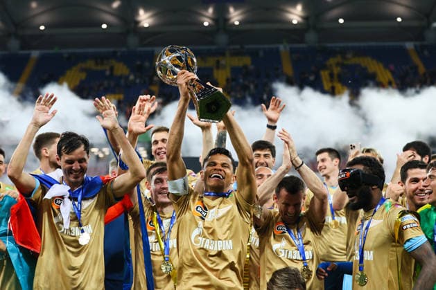 RUSSIA, ROSTOV-ON-DON - MAY 17, 2026: Zenit St Petersburg s players celebrate their victory after a 2025 26 Russian Premier League Round 30 football match against FC Rostov at Rostov Arena. FC Zenit St Petersburg has won the Russian Premier League for the 11th time. Erik Romanenko TASS  92636960