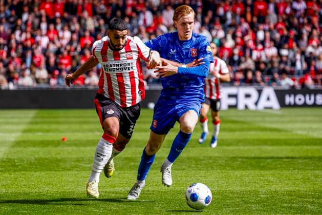Ismael Saibari of PSV Eindhoven and Mats Rots of FC Twente battle for the ball PSV Eindhoven v FC Twente, Eredivisie, PSV v FC Twente 65, Philips Stadion, May 17, 2026, Eindhoven, Netherlands.