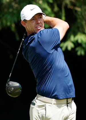 Rory McIlroy of Northern Ireland tees off on the 4th hole during the final round of the 2026 PGA, Golf Herren Championship at Aronimink Golf Club in Newtown Square, Pennsylvania, on Sunday, May 17, 2026.  PHI20260517850 LAURENCExKESTERSON