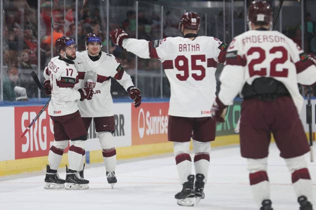 17 05 2026 Swiss Life Arena Zuerich , SWITZERLAND, Men IIHF World Championship Zurich 2026 Group A Germany Latvia Goal celebration vl Martins Dzierkals, Kristofers Bindulin, Oskars Batna and Toms Andersons LAT