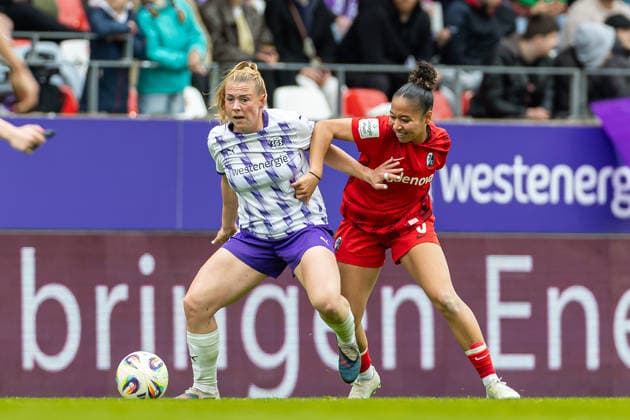 Ramona Maier SGS Essen and Nicole Ojukwu Sport Club Freiburg battle for the ball during the Women s Soccer Bundesliga match between SGS Essen and Sport Club Freiburg, Stadion an der Hafenstrasse on May 17, 2026 in Essen, Germany, Germany Photo by Mario Hommes DeFodi Images Ramona Maier SGS Essen and Nicole Ojukwu Sport Club Freiburg battle for the ball during the Women s Soccer Bundesliga match between SGS Essen and Sport Club Freiburg at Stadion an der Hafenstrasse on May 17, 2026 in Essen, Germany Photo by Mario Hommes DeFodi Images DFL regulations prohibit any use of photographs as image sequences and or quasi video