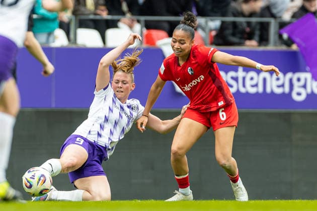 Ramona Maier SGS Essen and Nicole Ojukwu Sport Club Freiburg battle for the ball during the Women s Soccer Bundesliga match between SGS Essen and Sport Club Freiburg, Stadion an der Hafenstrasse on May 17, 2026 in Essen, Germany, Germany Photo by Mario Hommes DeFodi Images Ramona Maier SGS Essen and Nicole Ojukwu Sport Club Freiburg battle for the ball during the Women s Soccer Bundesliga match between SGS Essen and Sport Club Freiburg at Stadion an der Hafenstrasse on May 17, 2026 in Essen, Germany Photo by Mario Hommes DeFodi Images DFL regulations prohibit any use of photographs as image sequences and or quasi video