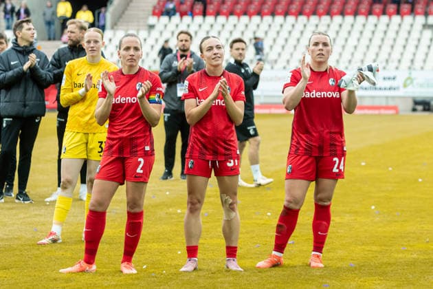 Lisa Karl Sport Club Freiburg , Nora Scherer Sport Club Freiburg and Ingibjoerg Sigurdardottir Sport Club Freiburg look on during the Women s Soccer Bundesliga match between SGS Essen and Sport Club Freiburg at Stadion an der Hafenstrasse on May 17, 2026 in Essen, Germany Photo by Mario Hommes DeFodi Images Lisa Karl Sport Club Freiburg , Nora Scherer Sport Club Freiburg and Ingibjoerg Sigurdardottir Sport Club Freiburg look on during the Women s Soccer Bundesliga match between SGS Essen and Sport Club Freiburg at Stadion an der Hafenstrasse on May 17, 2026 in Essen, Germany Photo by Mario Hommes DeFodi Images DFL regulations prohibit any use of photographs as image sequences and or quasi video