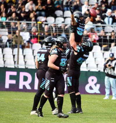 Joy at the Munich Ravens, at the top Justin RODNEY Munich , European Football Alliance, Munich Ravens vs Raiders Tirol, Munich, Gruenwalder Stadion, 17 05 26 Copyright: WolfgangxFehrmann
