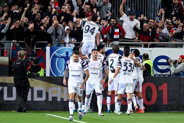 Cagliari s Sebastiano Esposito celebrates after scoring the goal for 1-1 during the Serie A soccer match between Cagliari Calcio and Torino at the Unipol Domus in Cagliari, Sardinia - Sunday 17th May. - Soccer  Copyright: x Â®xGianlucaxZuddas LaPressex