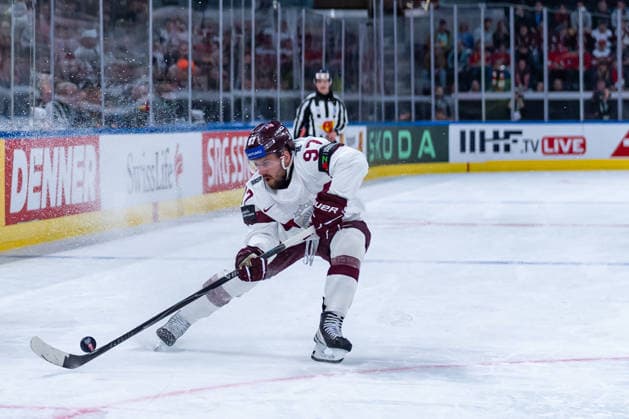 ZURICH, SWITZERLAND - MAY 17: Haralds Egle (Latvia, 97) during build-up play during the Preliminary Round - Group A Match 15 between Germany and Latvia at the IIHF Ice hockey, Eishockey World Championship, WM, Weltmeisterschaft 2026, Swiss Life Arena on May 17, 2026 in Zurich, Switzerland. Zurich Switzerland Copyright: xTimoxSteinx