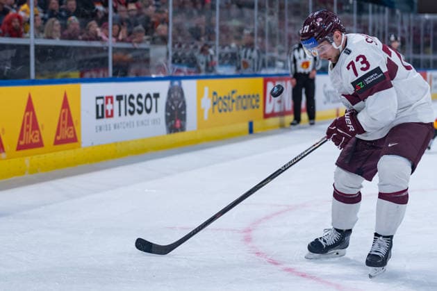 ZURICH, SWITZERLAND - MAY 17: Deniss Smirnovs (Latvia, 73) being shot during the Preliminary Round - Group A Match 15 between Germany and Latvia at the IIHF Ice hockey, Eishockey World Championship, WM, Weltmeisterschaft 2026, Swiss Life Arena on May 17, 2026 in Zurich, Switzerland. Zurich Switzerland Copyright: xTimoxSteinx