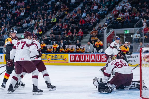 ZURICH, SWITZERLAND - MAY 17: Kristers Gudlevskis (Latvia, 50) safes the puck during the Preliminary Round - Group A Match 15 between Germany and Latvia at the IIHF Ice hockey, Eishockey World Championship, WM, Weltmeisterschaft 2026, Swiss Life Arena on May 17, 2026 in Zurich, Switzerland. Zurich Switzerland Copyright: xTimoxSteinx