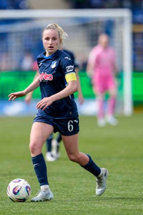 Vanessa Diehm TSG, 6 , on the ball, cropped, full body, single image, single photo, action, action, 17 05 2026, Sinsheim Hoffenheim Germany , Soccer, Google Pixel Women Bundesliga, TSG 1899 Hoffenheim RB Leipzig, DFB DFL REGULATIONS PROHIBIT ANY USE OF PHOTOGRAPHS AS IMAGE SEQUENCES AND OR QUASI VIDEO xozx