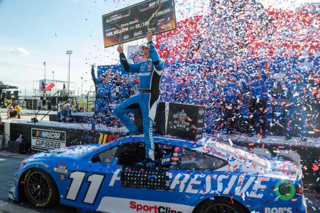 DOVER, DE - MAY 17: Denny Hamlin ( 11 Joe Gibbs Racing Progressive Insurance Toyota) celebrates in victory lane after winning the NASCAR, Motorsport, USA Cup Series All-Star Race on May 17, 2026, at Dover Motor Speedway in Dover, DE. (Photo by David Hahn Icon Sportswire) AUTO: MAY 17 NASCAR Cup Series All-Star Race EDITORIAL USE ONLY Icon260517058