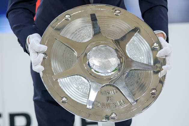 17 05 2026, Football, FC Schalke 04 Eintracht Braunschweig, 34 Matchday, 2 Football Bundesliga, Veltins Arena Gelsenkirchen, Season 2025 2026 The championship trophy in detail is placed DFB regulations prohibit any use of photographs as image sequences and or quasi video North Rhine-Westphalia Germany