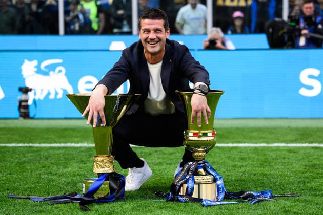 FC Internazionale v Hellas Verona FC - Serie A Cristian Chivu, head coach of FC Internazionale, poses with the trophies during the award ceremony following the Serie A football match between FC Internazionale and Hellas Verona FC. Milan Italy Copyright: xNicolòxCampox
