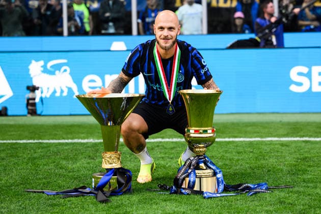 FC Internazionale v Hellas Verona FC - Serie A Federico Dimarco of FC Internazionale poses with the trophies during the award ceremony following the Serie A football match between FC Internazionale and Hellas Verona FC. Milan Italy Copyright: xNicolòxCampox