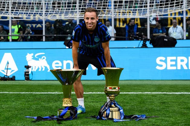 FC Internazionale v Hellas Verona FC - Serie A Davide Frattesi of FC Internazionale poses with the trophies during the award ceremony following the Serie A football match between FC Internazionale and Hellas Verona FC. Milan Italy Copyright: xNicolòxCampox